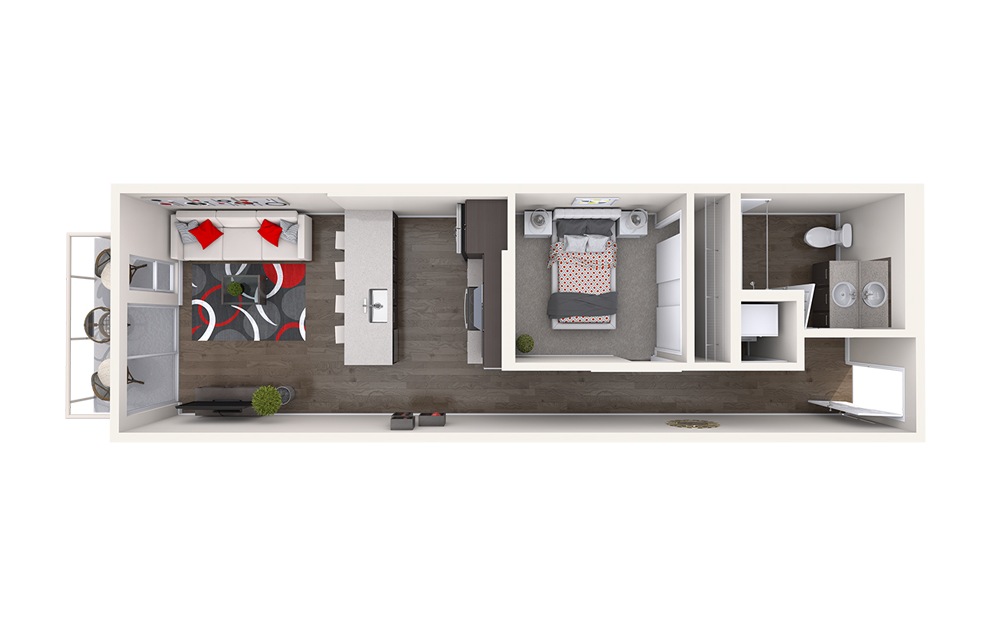 A1 (1x1) - 1 bedroom floorplan layout with 1 bath and 604 to 671 square feet.