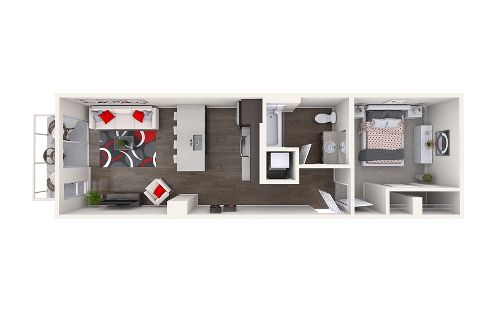 A9 (1x1) - 1 bedroom floorplan layout with 1 bathroom and 663 square feet