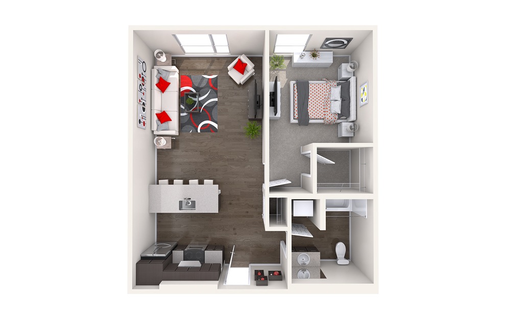 B2 (1x1) - 1 bedroom floorplan layout with 1 bath and 706 to 739 square feet.