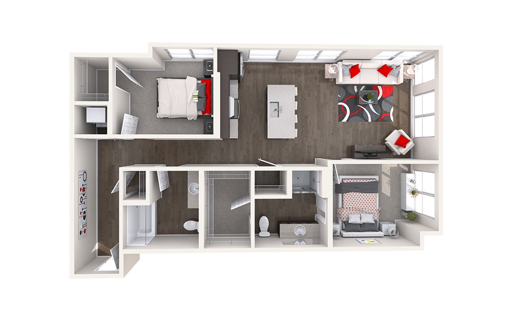 C1 (2x2) - 2 bedroom floorplan layout with 2 bathrooms and 1029 - 1294 square feet