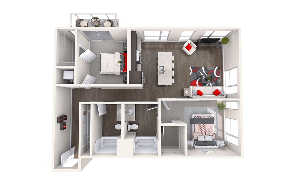 C10 (2x2) - 2 bedroom floorplan layout with 2 bathrooms and 1073 - 1207 square feet