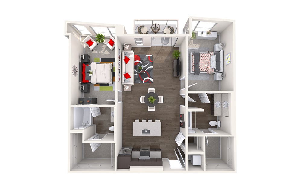 C2 (2x2) - 2 bedroom floorplan layout with 2 bathrooms and 1088 - 1243 square feet