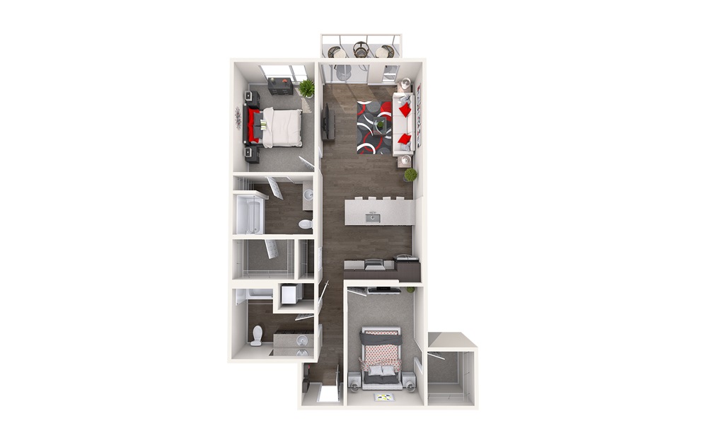 C3 (2x2) - 2 bedroom floorplan layout with 2 bathrooms and 1010 - 1103 square feet (Floor 1)