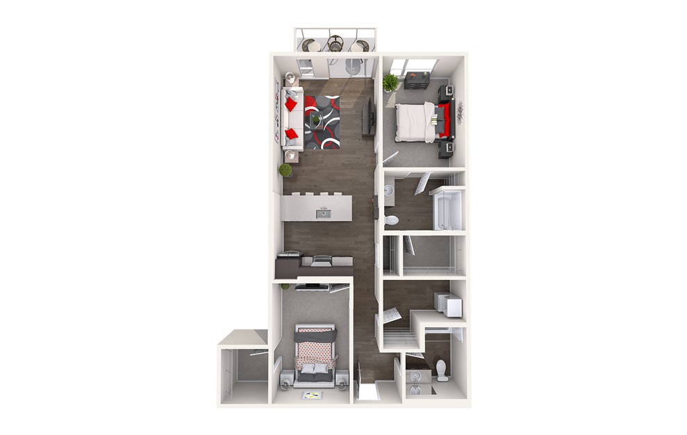 C3 (2x2) - 2 bedroom floorplan layout with 2 baths and 1010 to 1103 square feet. (Floor 2)