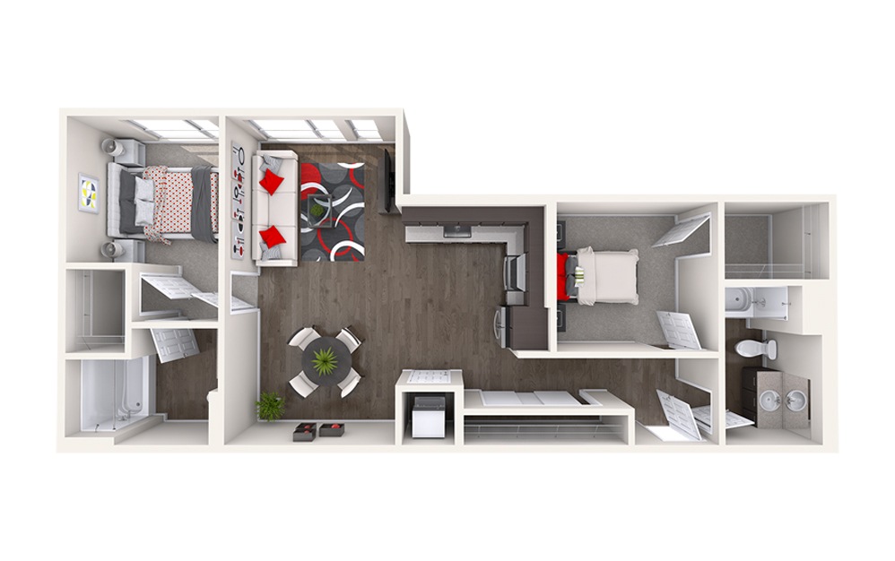 C5 (2x2) - 2 bedroom floorplan layout with 2 baths and 934 to 984 square feet.