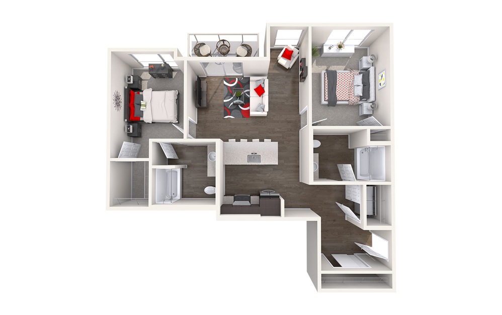 C7 (2x2) - 2 bedroom floorplan layout with 2 bathrooms and 1074 - 1131 square feet