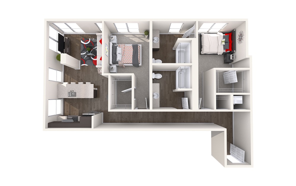 C8 (2x2) - 2 bedroom floorplan layout with 2 bathrooms and 1155 square feet