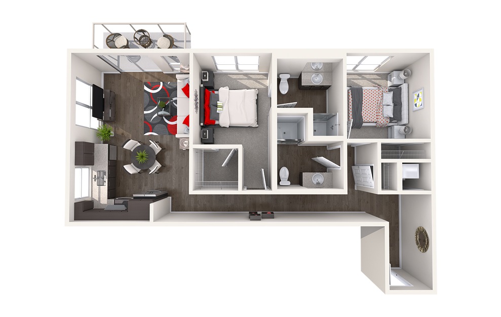 C9 (2x2) - 2 bedroom floorplan layout with 2 baths and 923 square feet.