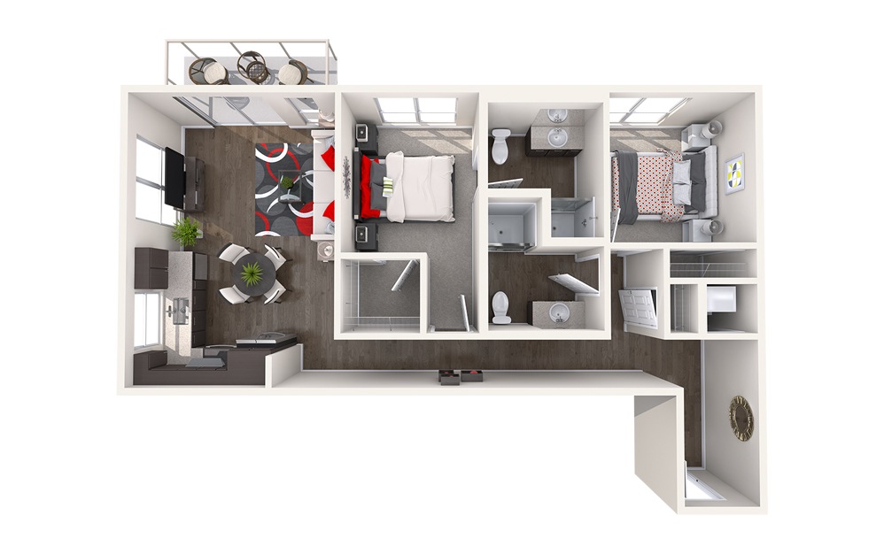 C9 (2x2) - 2 bedroom floorplan layout with 2 bathrooms and 923 square feet