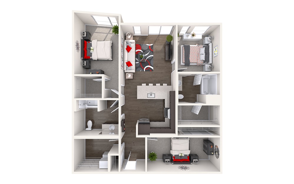 D1 (3x2) - 3 bedroom floorplan layout with 2 bathrooms and 1241 - 1362 square feet